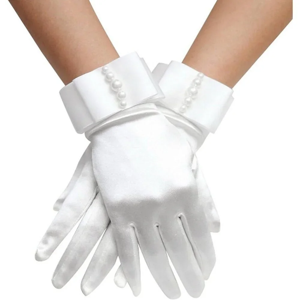 Women's Embellished Satin White Pearl Bow Gloves Elegant Finger Accessory